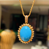 Grand Vintage Lace Blue Turquoise Pendant Necklace Regal Filigree Setting - floysun