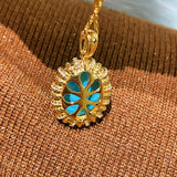 Grand Vintage Lace Blue Turquoise Pendant Necklace Regal Filigree Setting - floysun