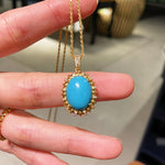 Grand Vintage Lace Blue Turquoise Pendant Necklace Regal Filigree Setting - floysun