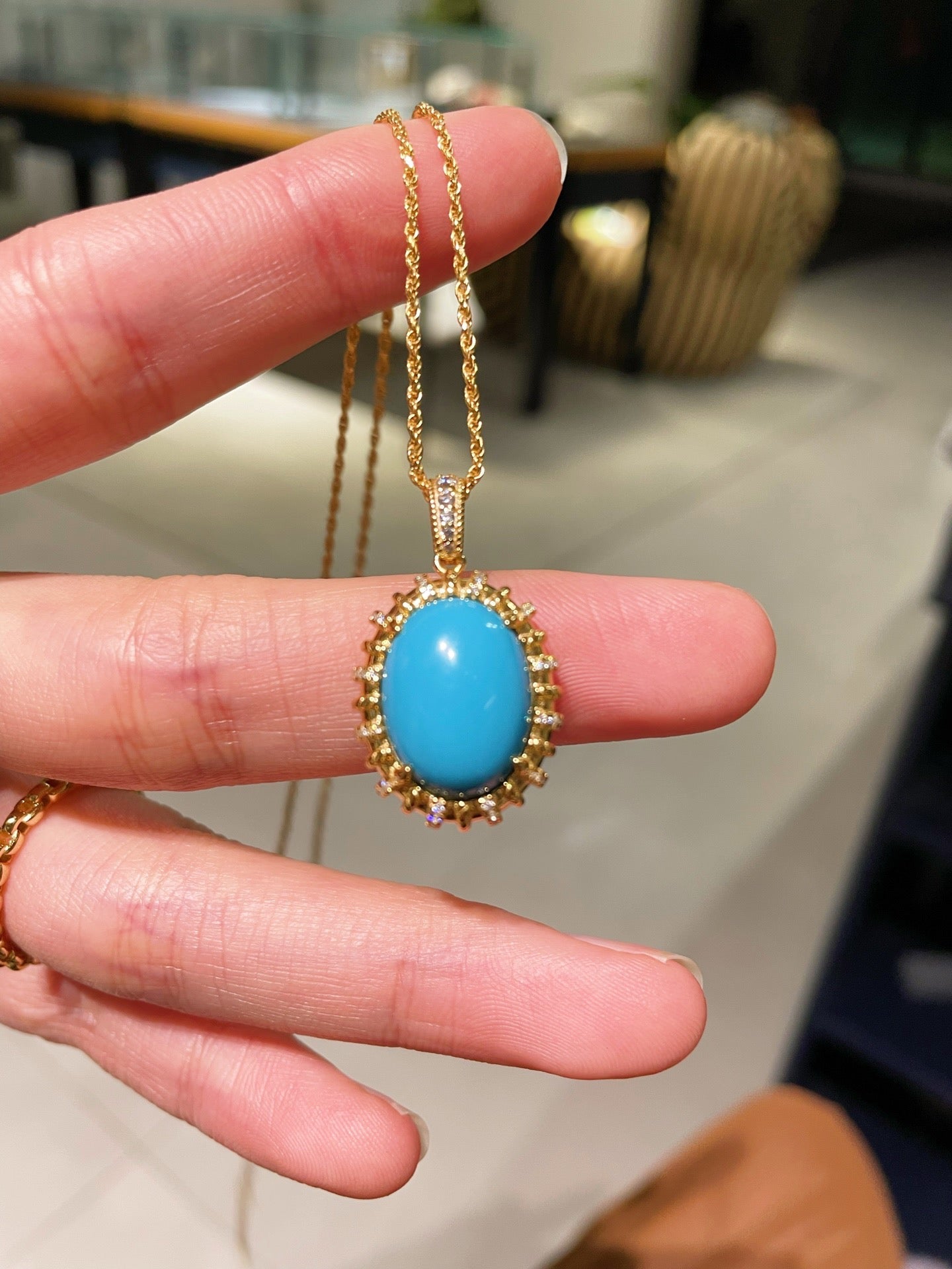Grand Vintage Lace Blue Turquoise Pendant Necklace Regal Filigree Setting - floysun
