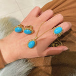 Grand Vintage Lace Blue Turquoise Pendant Necklace Regal Filigree Setting - floysun