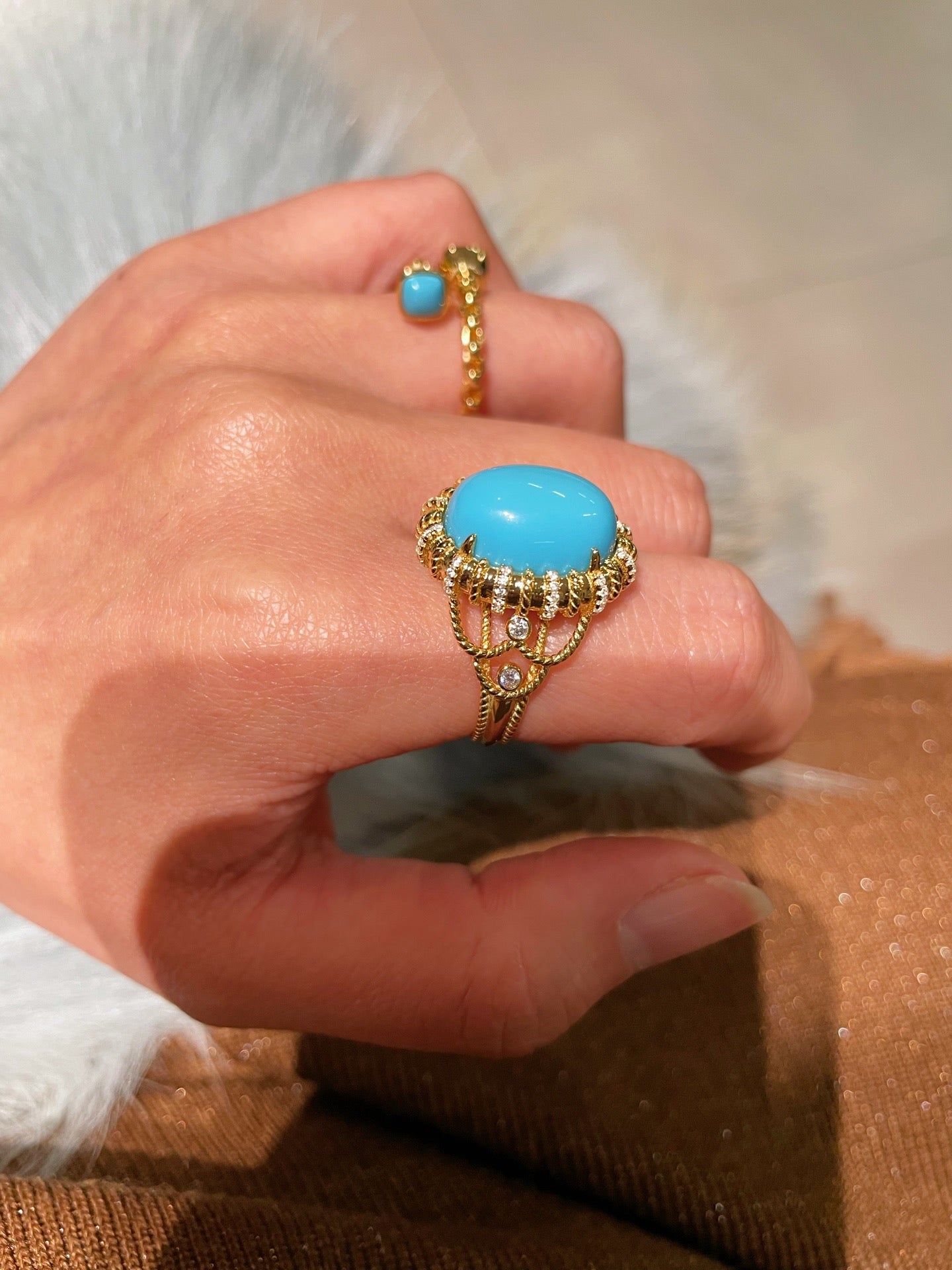 Grand Vintage Lace Blue Turquoise Ring Regal Filigree Setting - floysun