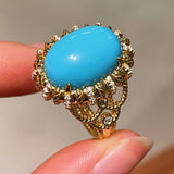 Grand Vintage Lace Blue Turquoise Ring Regal Filigree Setting - floysun