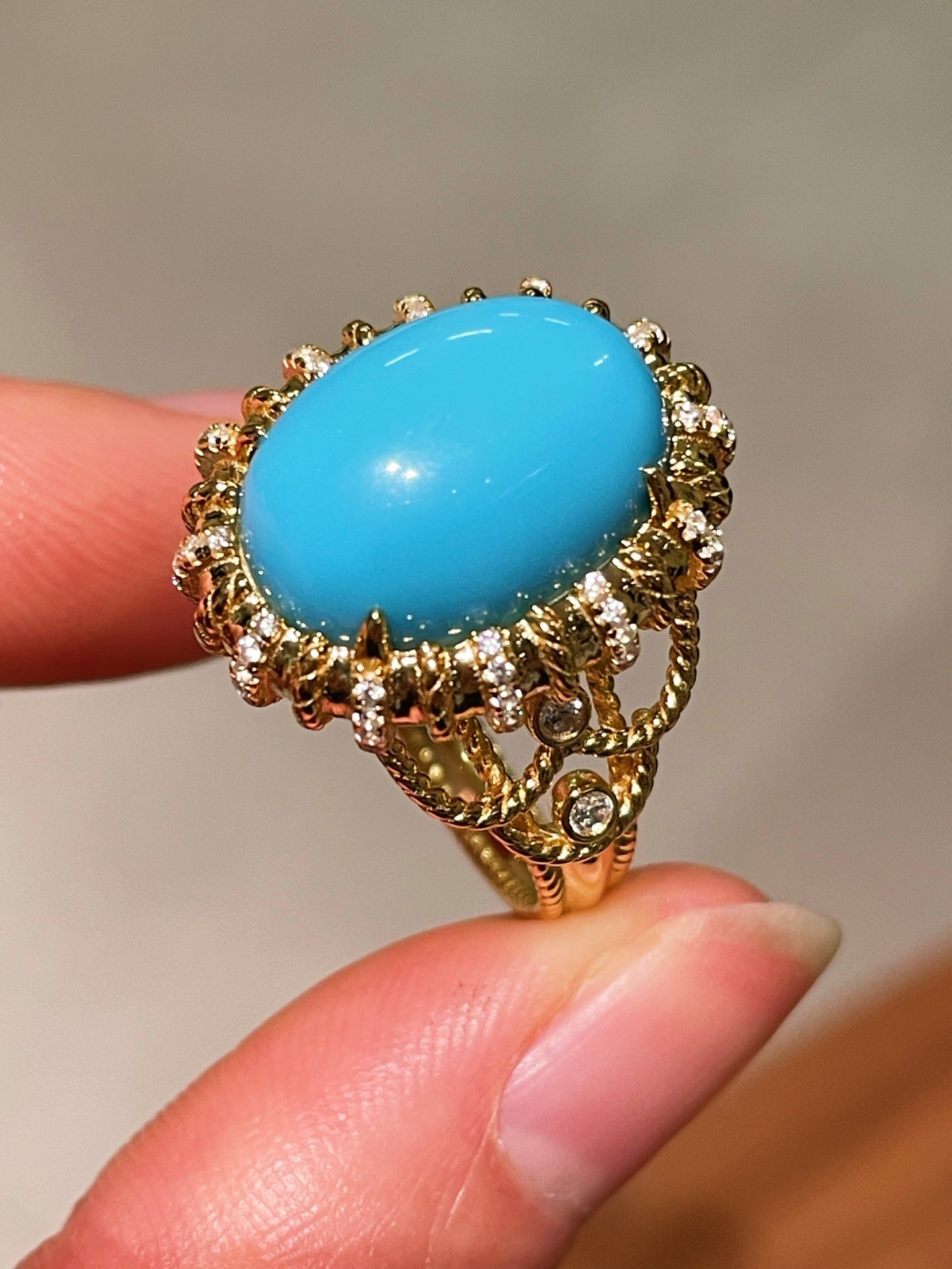 Grand Vintage Lace Blue Turquoise Ring Regal Filigree Setting - floysun