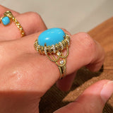 Grand Vintage Lace Blue Turquoise Ring Regal Filigree Setting - floysun