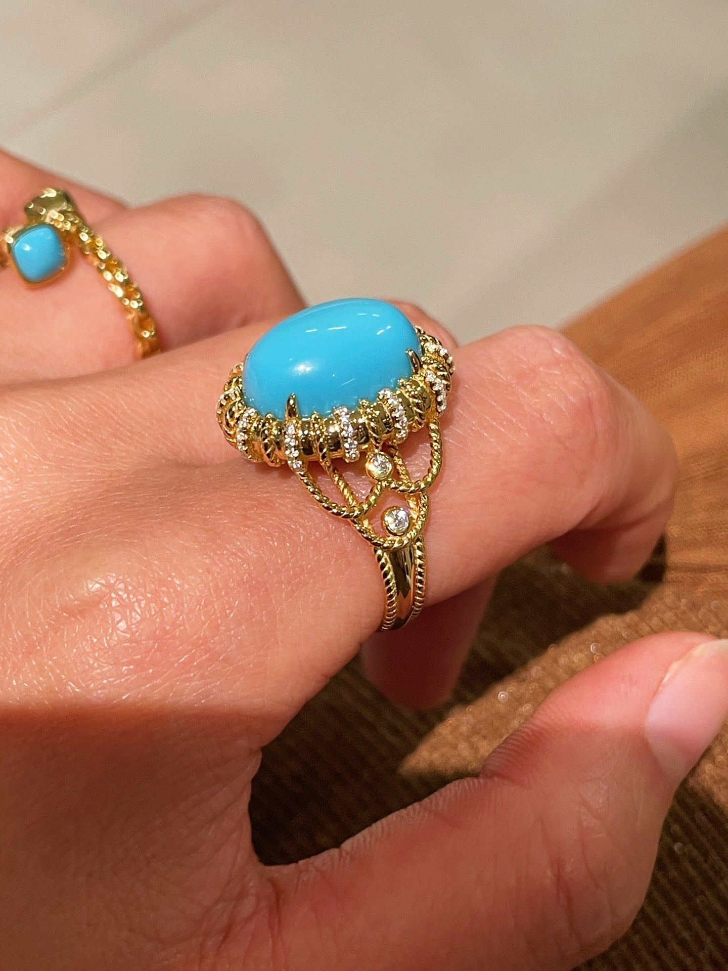 Grand Vintage Lace Blue Turquoise Ring Regal Filigree Setting - floysun