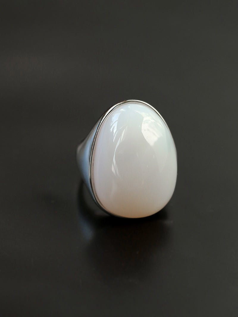 Gray White Chalcedony Oval Egg Ring - floysun