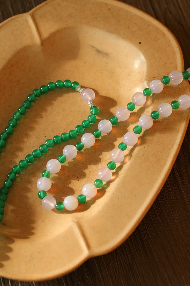 Green Agate Beaded Necklace with Single Purple Chalcedony - floysun