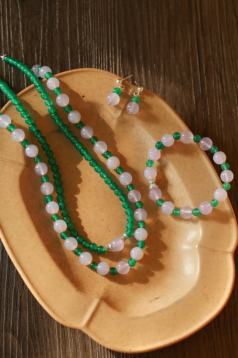 Green Agate Beaded Necklace with Single Purple Chalcedony - floysun