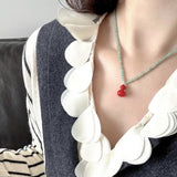 Green Aventurine and Red Enamel Gourd Pendant Necklace - floysun