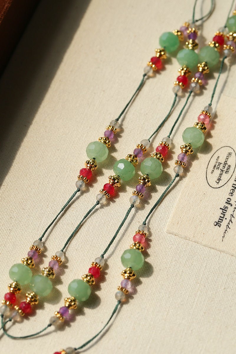 Green Aventurine Beaded Wax Cord Necklace - floysun