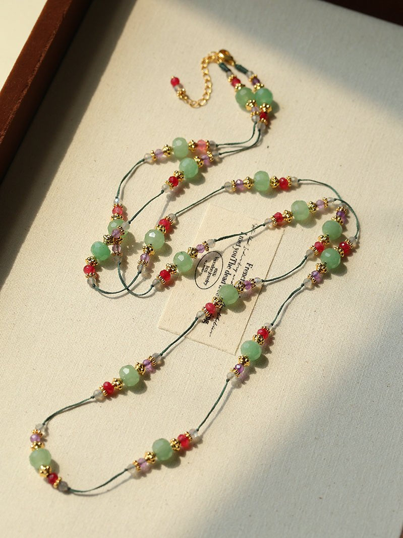 Green Aventurine Beaded Wax Cord Necklace - floysun