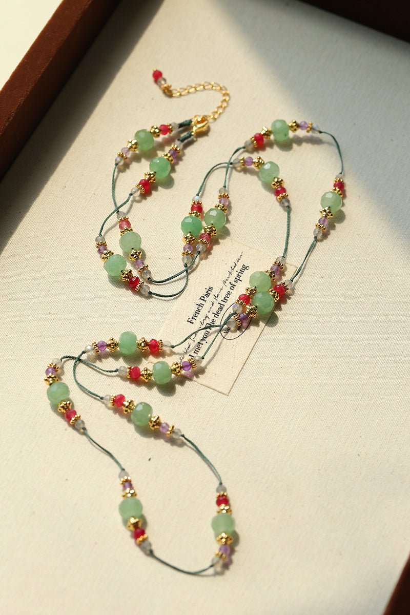 Green Aventurine Beaded Wax Cord Necklace - floysun