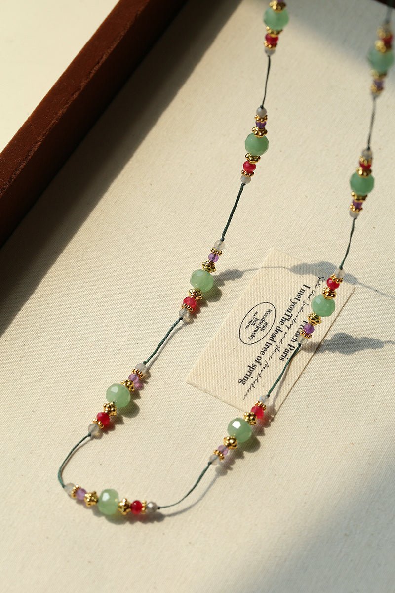 Green Aventurine Beaded Wax Cord Necklace - floysun