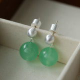 Green Eastern Jade & Silver Bead Drop Earrings - floysun