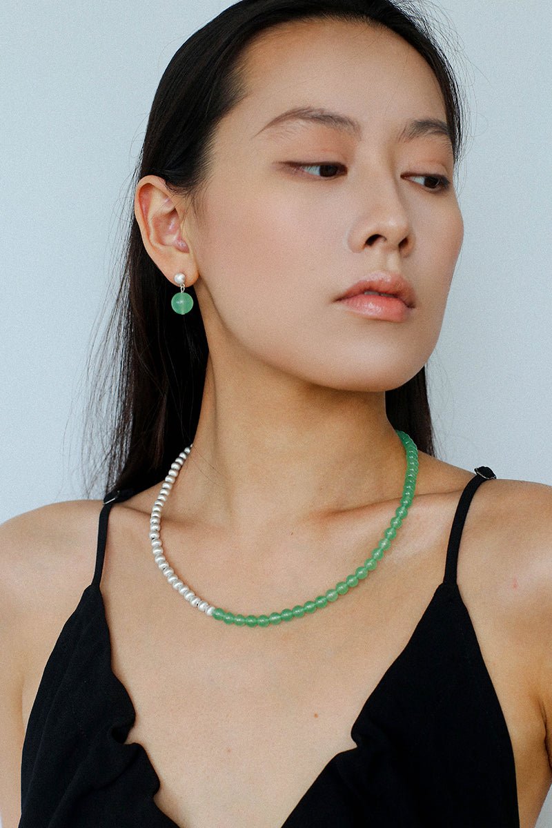 Green Eastern Jade & Silver Bead Necklace - floysun