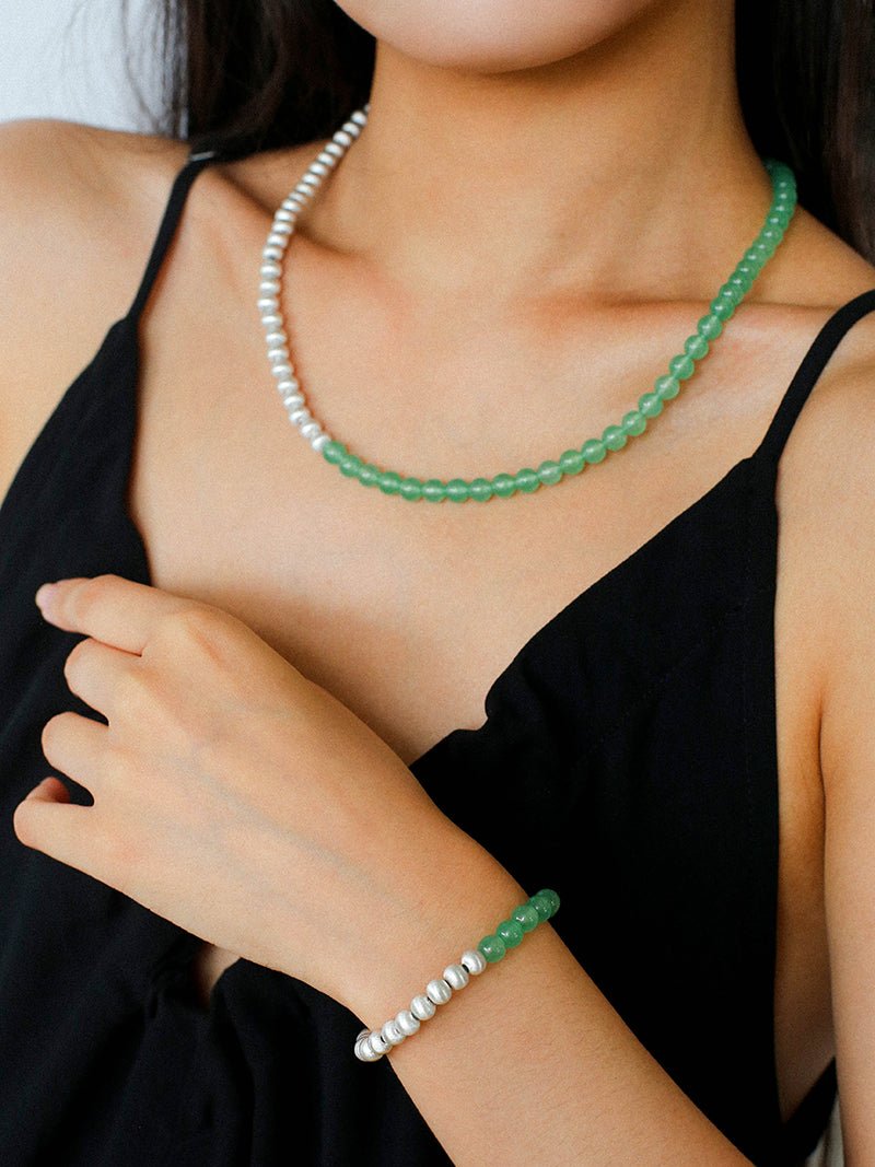 Green Eastern Jade & Silver Bead Necklace - floysun