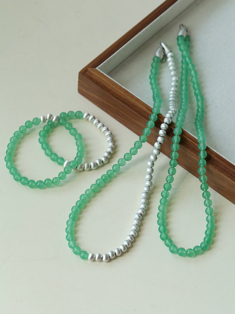 Green Eastern Jade & Silver Bead Necklace - floysun