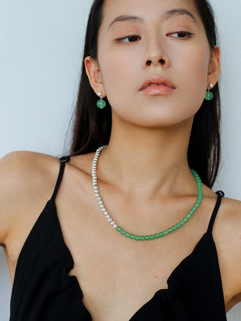 Green Eastern Jade & Silver Bead Necklace - floysun