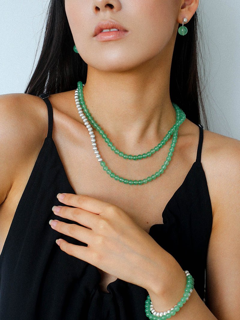 Green Eastern Jade & Silver Bead Necklace - floysun