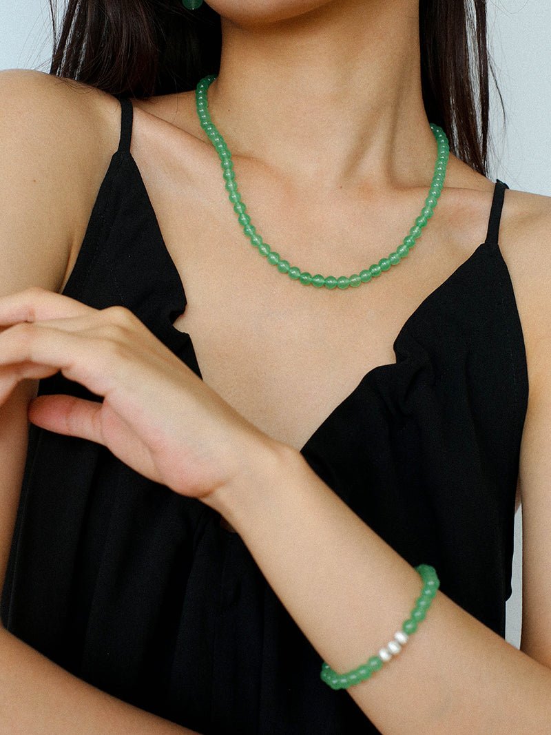 Green Eastern Jade & Silver Bead Necklace - floysun
