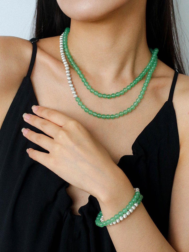 Green Eastern Jade & Silver Bead Necklace - floysun