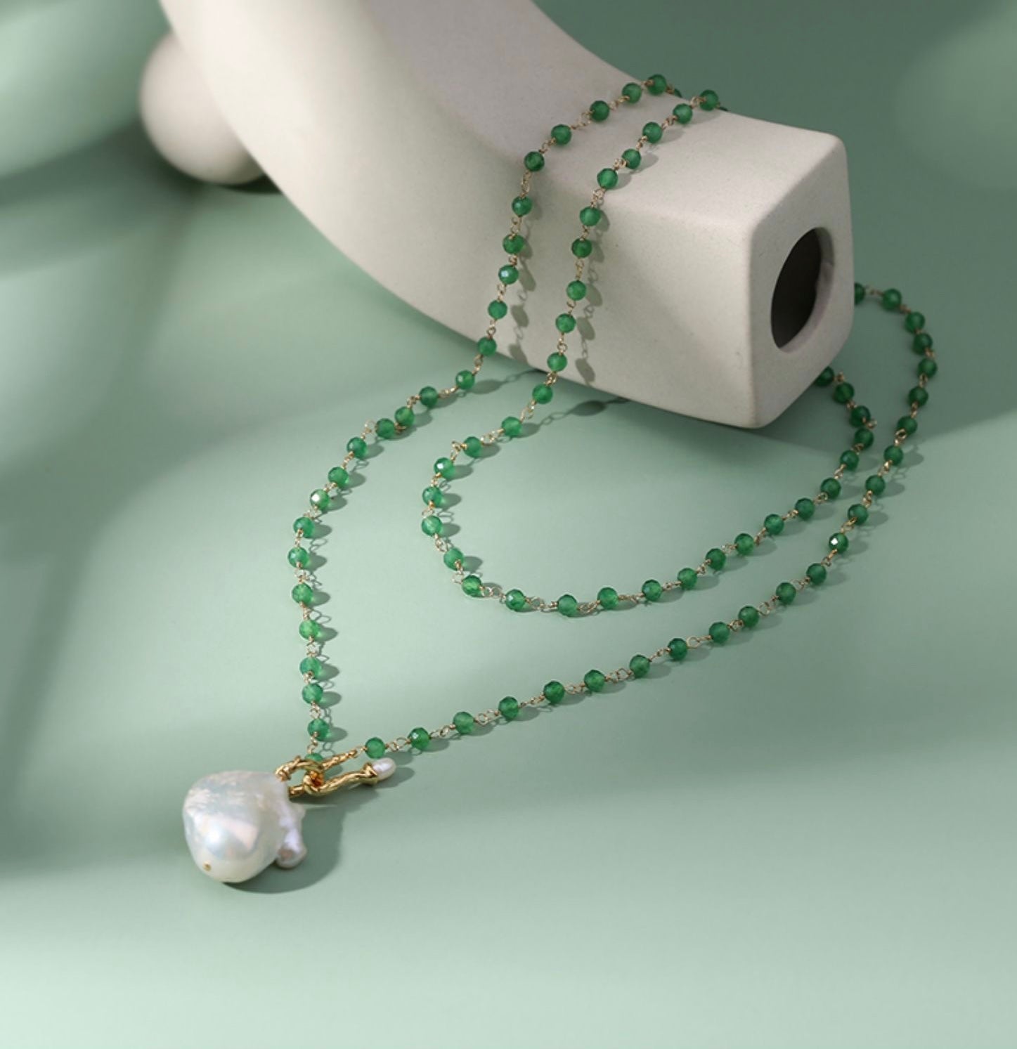 Green Onyx Baroque Pearl Necklace Multilayer Long Sweater Chain - floysun