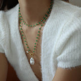 Green Onyx Baroque Pearl Necklace Multilayer Long Sweater Chain - floysun