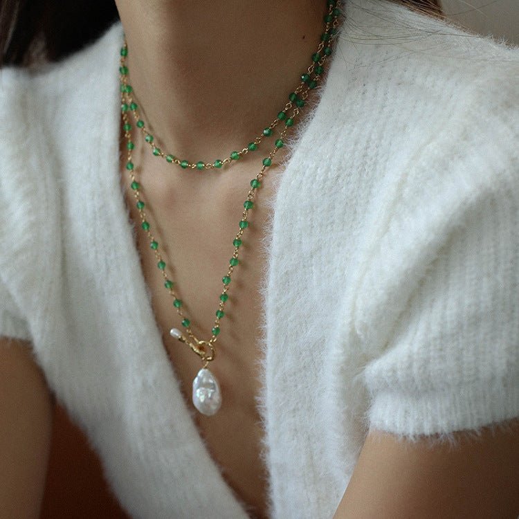 Green Onyx Baroque Pearl Necklace Multilayer Long Sweater Chain - floysun