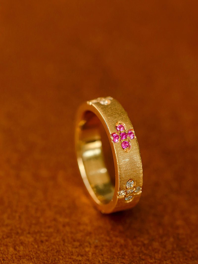 Handcrafted Brushed Clover Ring Pink Sapphires - floysun