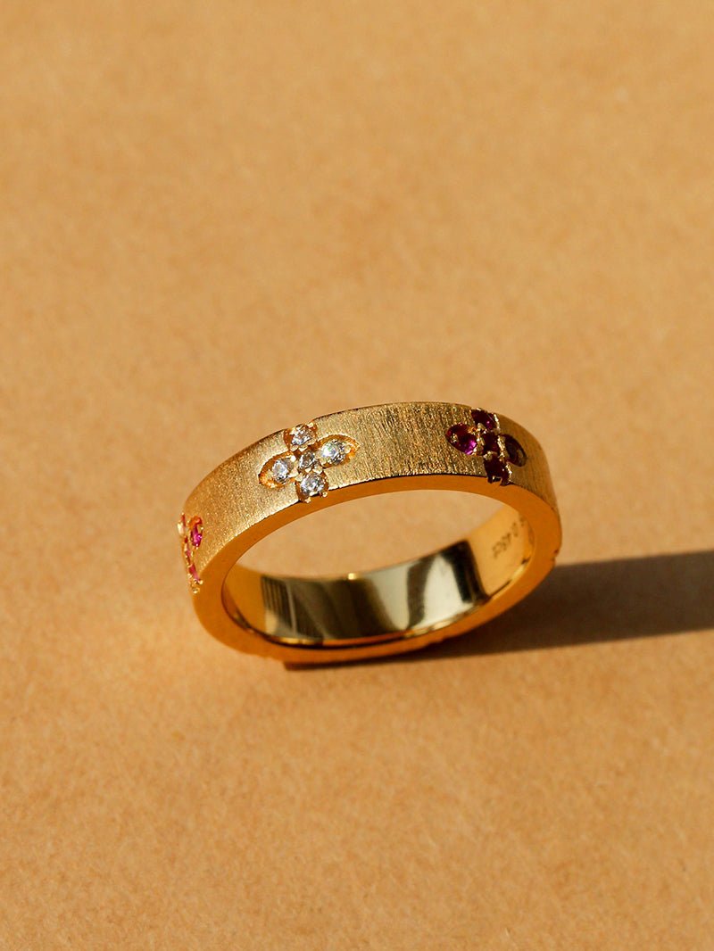 Handcrafted Brushed Clover Ring Pink Sapphires - floysun