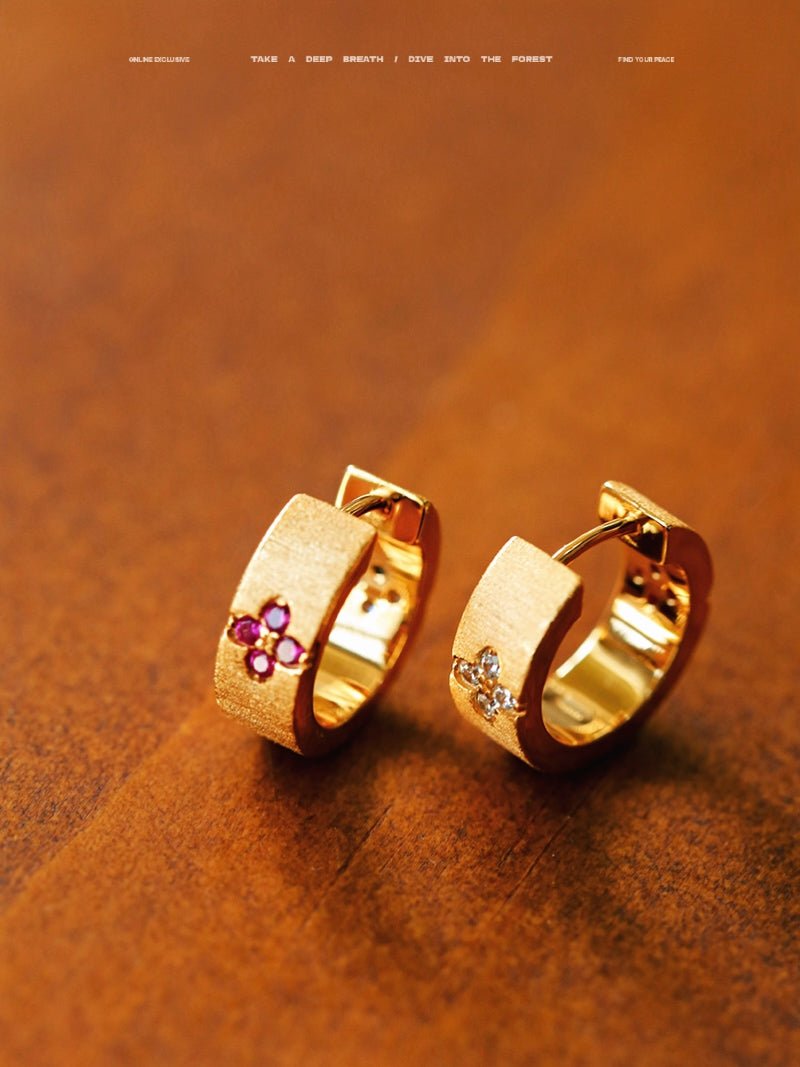 Handcrafted Brushed Pink Sapphire Clover Mini Huggie Earrings - floysun