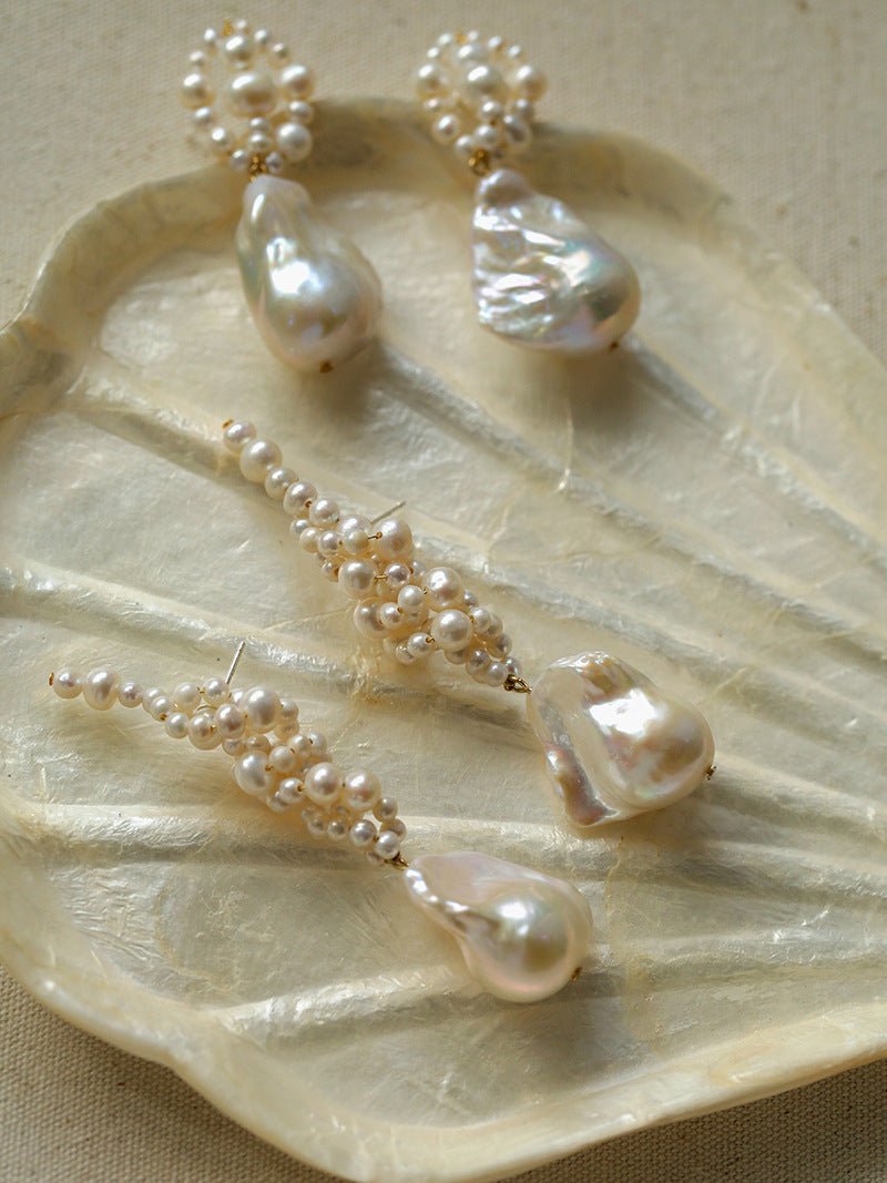 Handwoven Baroque Wrapped Long Pearl Drop Earrings - floysun