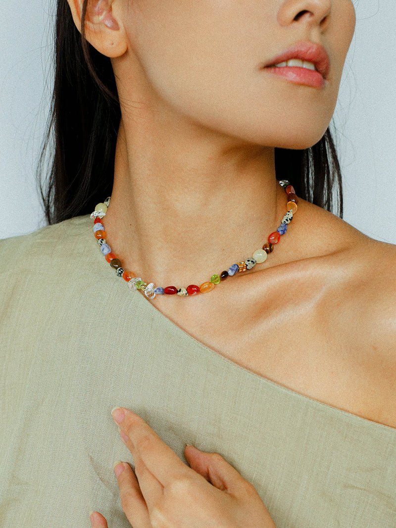 Heirloom Tomato Gemstone Necklace – Irregular Colorful Beads - floysun