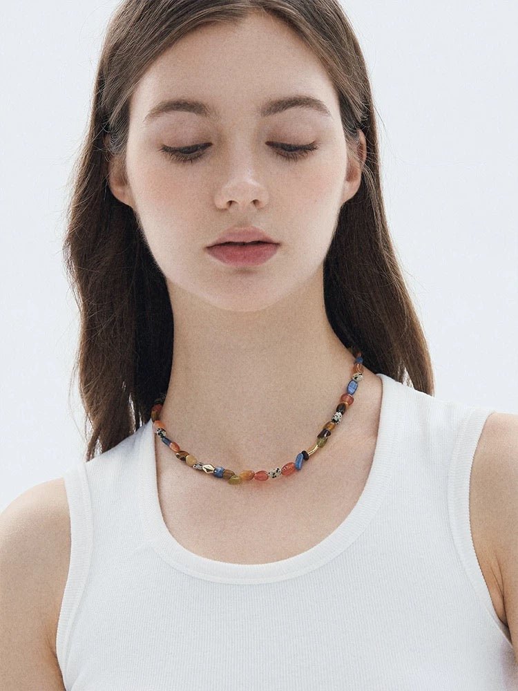 Heirloom Tomato Gemstone Necklace – Irregular Colorful Beads - floysun