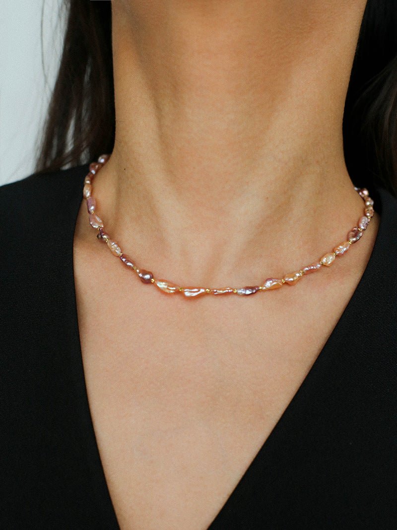 Iridescent Keshi Pearl Necklace with Gold Spacers - floysun