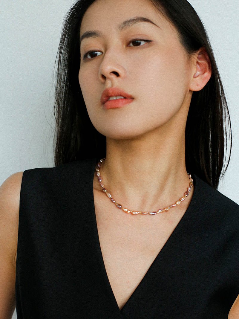 Iridescent Keshi Pearl Necklace with Gold Spacers - floysun