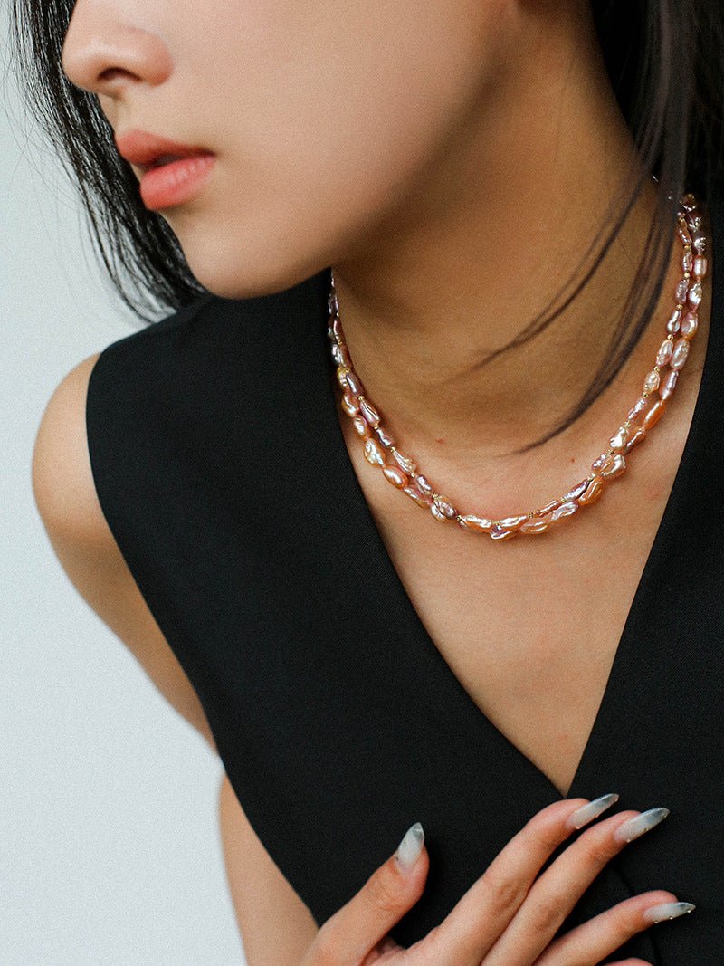 Iridescent Keshi Pearl Necklace with Gold Spacers - floysun