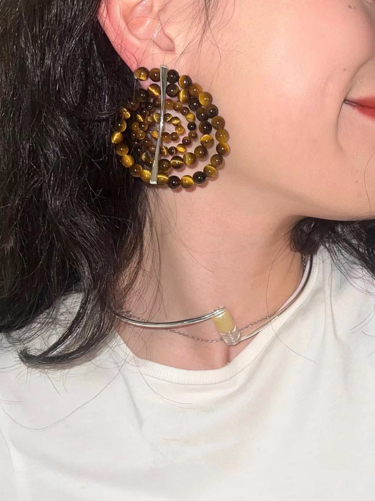 Island Escape Woven Statement Earrings - Single Tiger's eye Stone - floysun