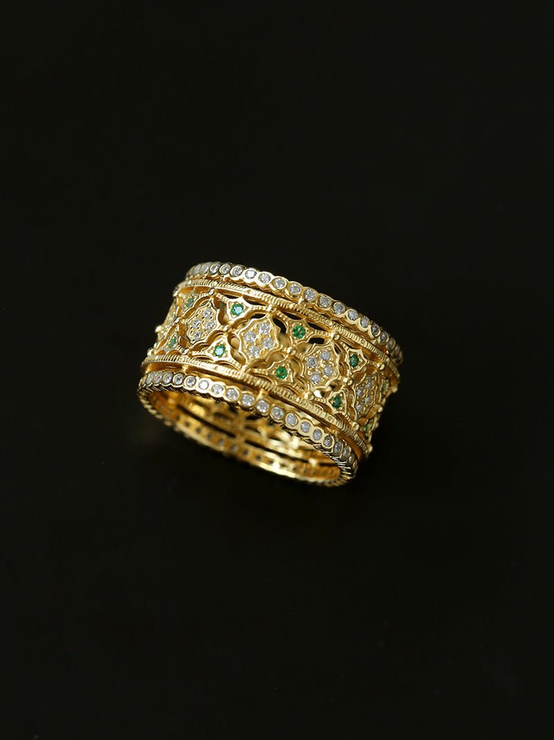 Italian Lace - Inspired Wide Band Ring Green Stone Inlay - Gold - floysun
