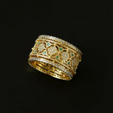 Italian Lace - Inspired Wide Band Ring Green Stone Inlay - Gold - floysun
