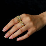 Italian Lace - Inspired Wide Band Ring Green Stone Inlay - Gold - floysun