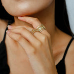 Italian Lace - Inspired Wide Band Ring Green Stone Inlay - Gold - floysun