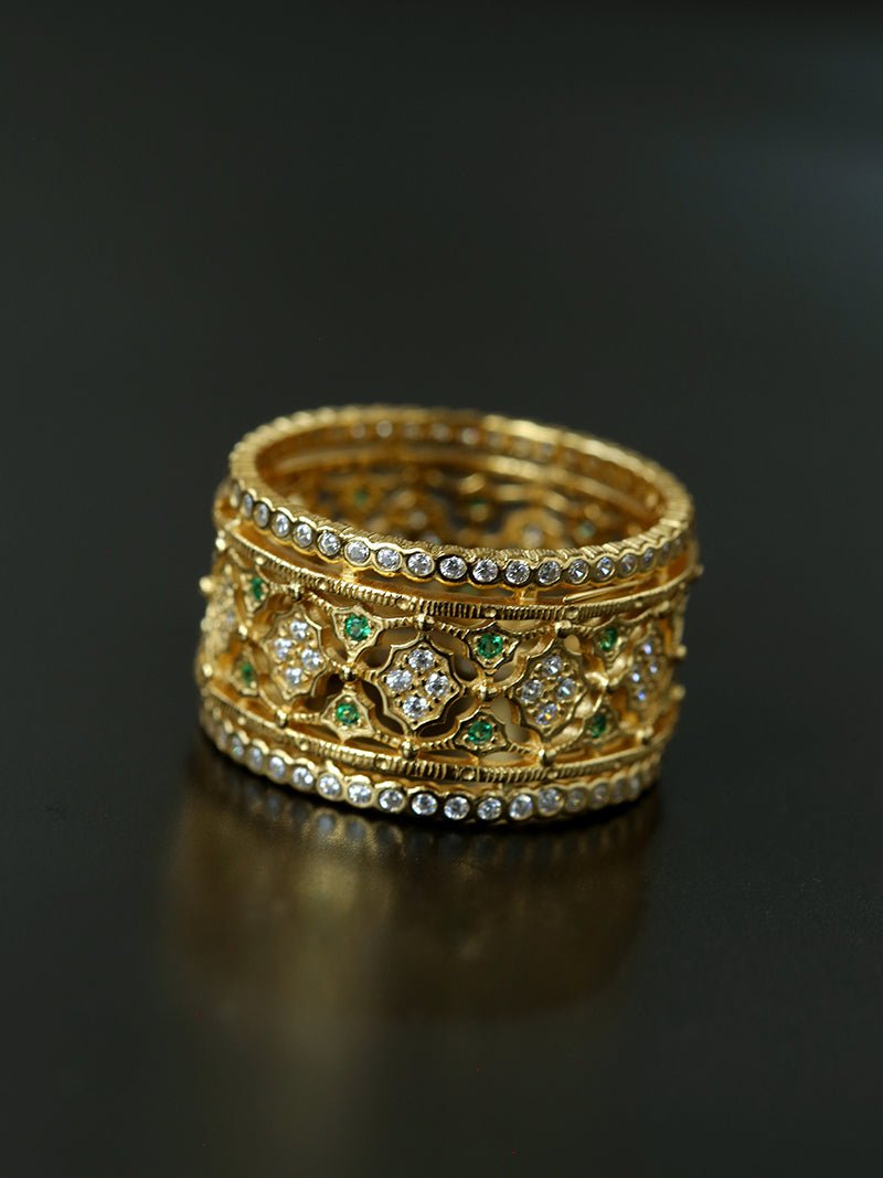 Italian Lace - Inspired Wide Band Ring Green Stone Inlay - Gold - floysun