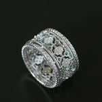 Italian Lace - Inspired Wide Band Ring Green Stone Inlay - Silver - floysun