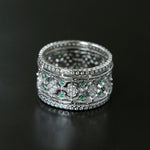 Italian Lace - Inspired Wide Band Ring Green Stone Inlay - Silver - floysun