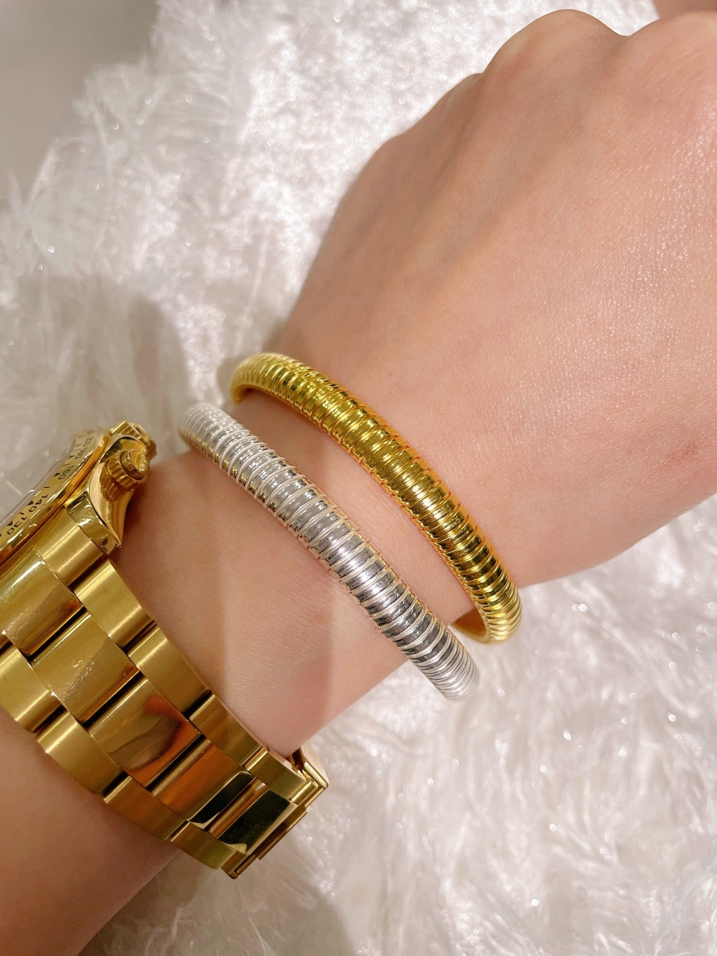Italian Ribbed Flex Bangle - Silver - floysun