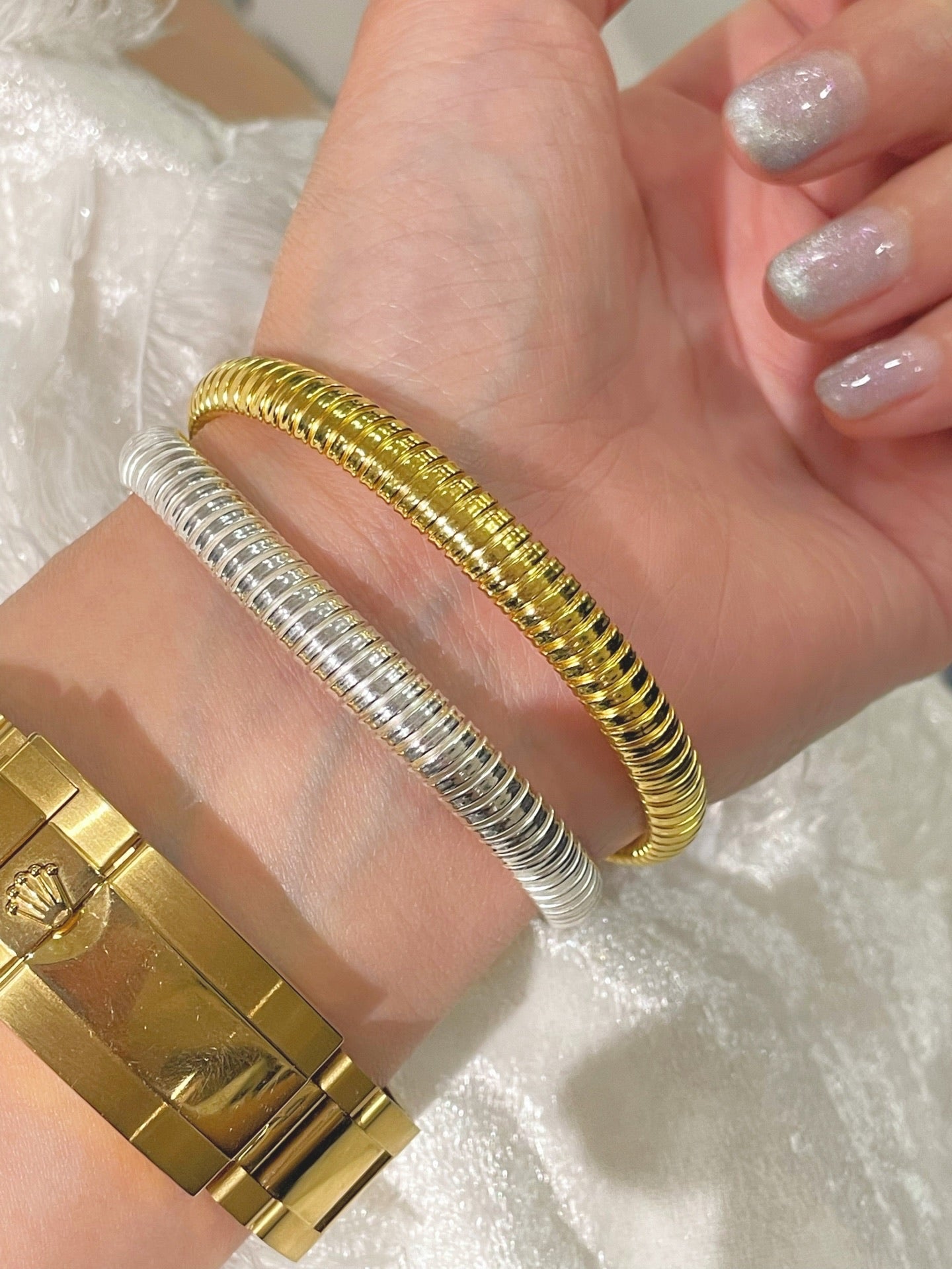 Italian Ribbed Flex Bangle - Silver - floysun