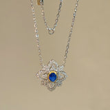 Italian Style Blue Sapphire Clover Necklace with Diamond Lace - floysun