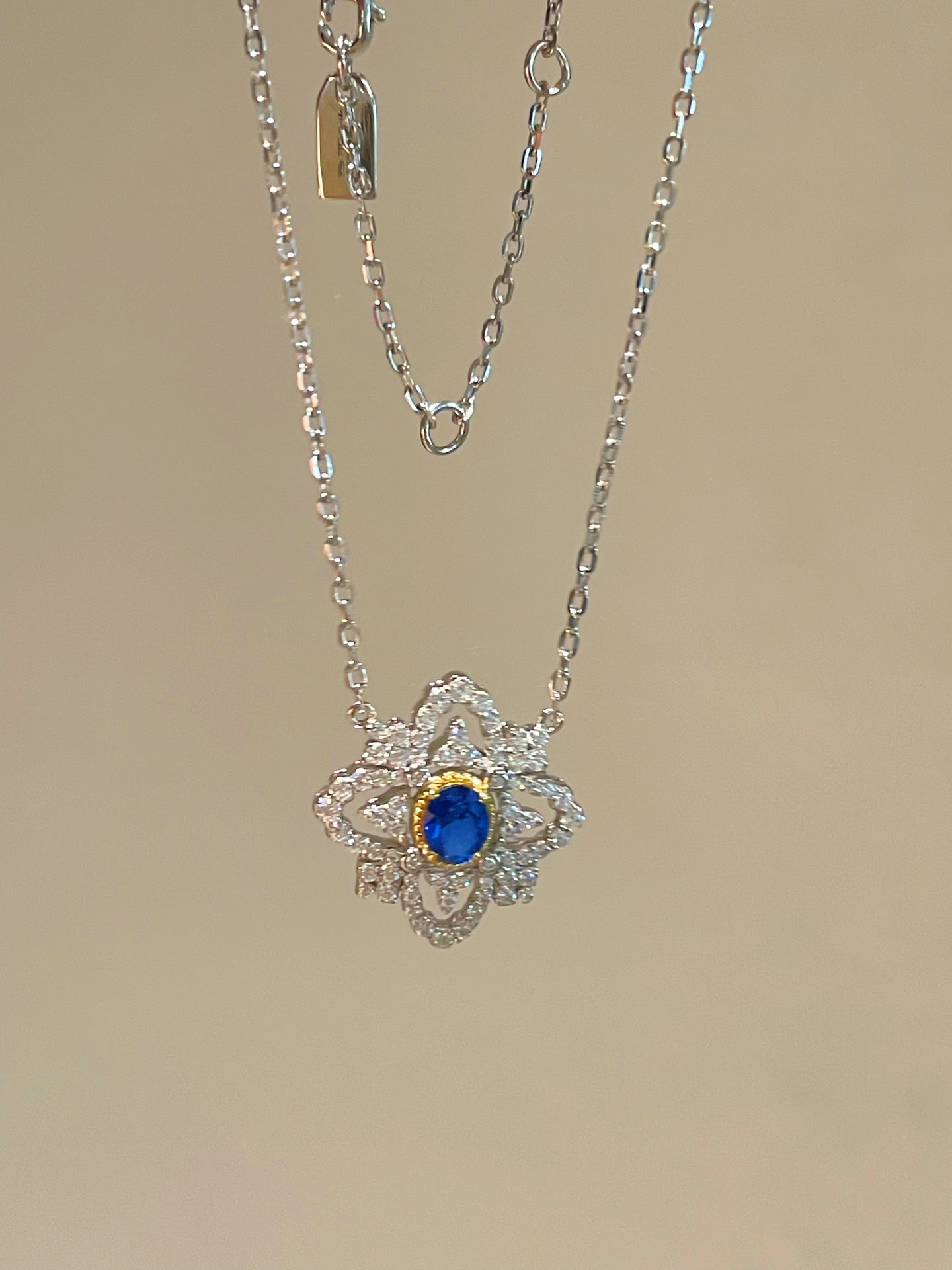 Italian Style Blue Sapphire Clover Necklace with Diamond Lace - floysun